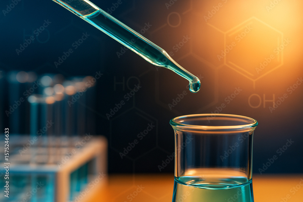 Poster ai generated a close up of a laboratory pipette dropping liquid into a test tube with chemical molec