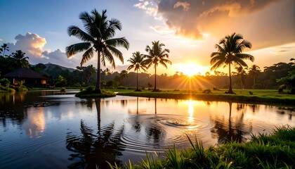 Tropical sunset over a pond