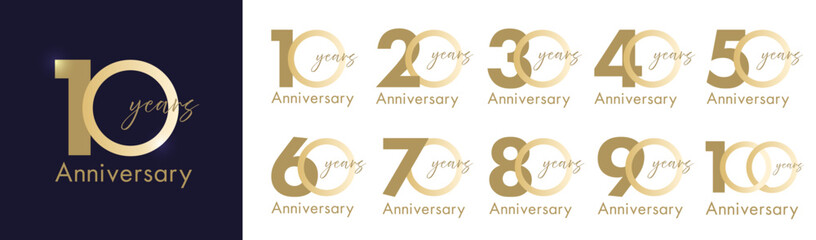 anniversaryシンプルなgold/金のアニバーサリーロゴセット(10周年 20周年 30周年 40周年 50周年 60周年 70周年 80周年 90周年 100周年 お祝い 周年記念 イベント 設立記念 anniversary celebration logo ベクター 編集可能)