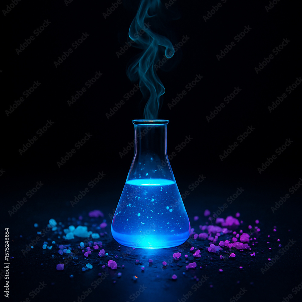 Poster ai generated glowing erlenmeyer flask with blue liquid and floating mist surrounded by crystal fragm