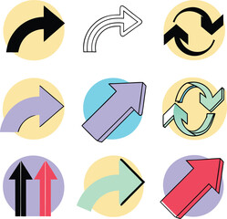 Collection of nine directional arrows in various styles silhouette