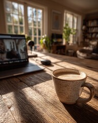Close-up of a laptop screen showing a virtual session between a psychologist and a young man in headphones, coffee mug in foreground, cozy home office vibe.