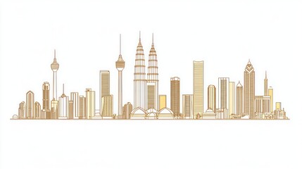 Naklejka premium Skyline silhouette of modern city buildings rendered in golden, elegant lines