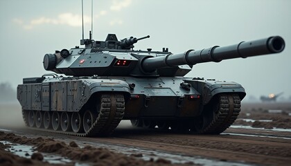 Modern Military Tank Driving on a Battlefield