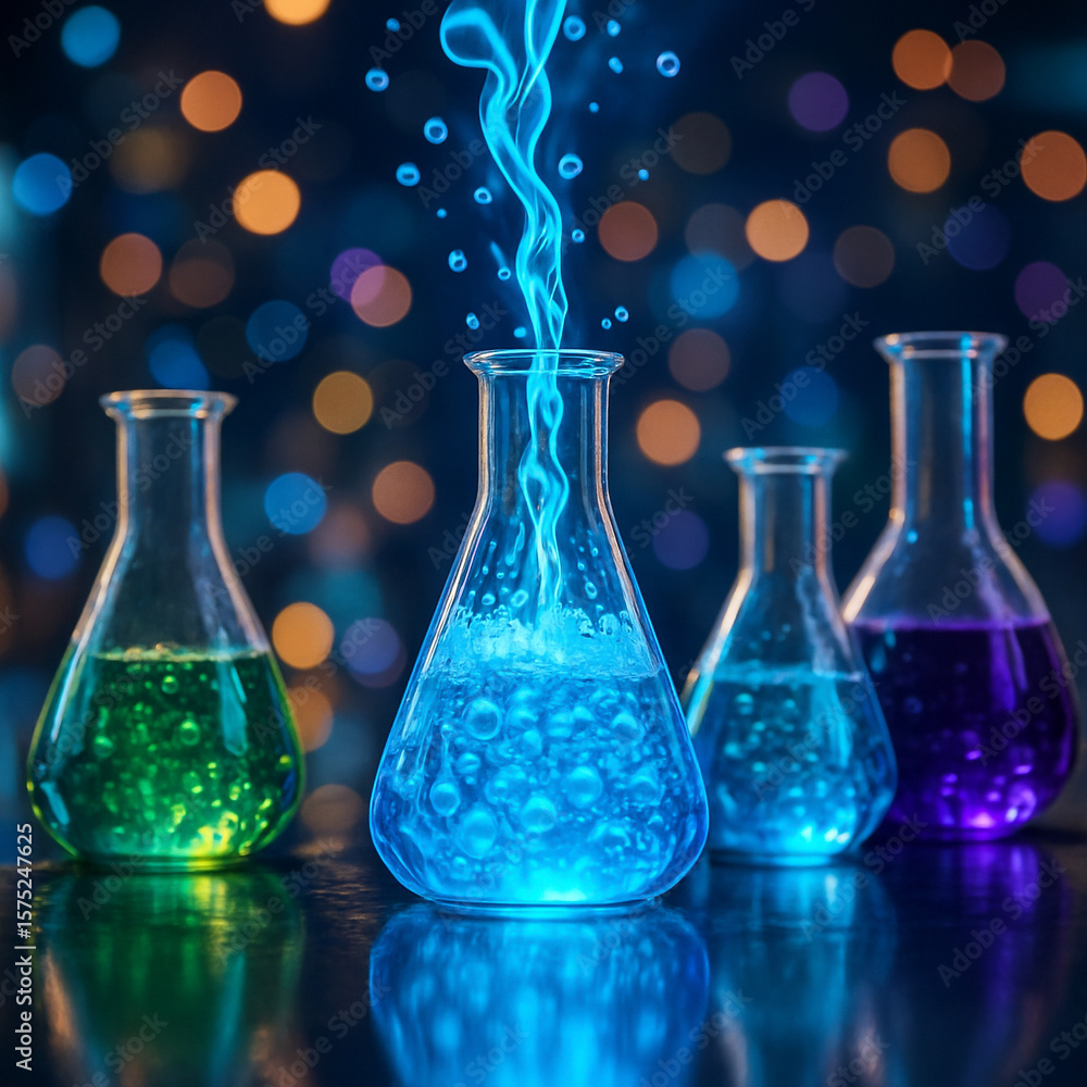 Poster ai generated a futuristic fantasy lab scene with glowing colorful liquids bubbling in erlenmeyer fla