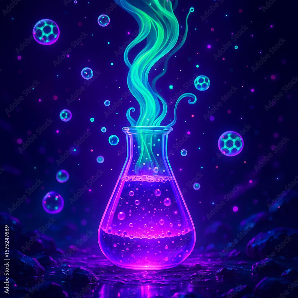 Poster ai generated fantasy sci-fi experiment scene with glowing purple potion in flask and neon energy swi