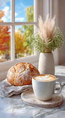Coffee and sourdough on a marble counter in a cozy setting.