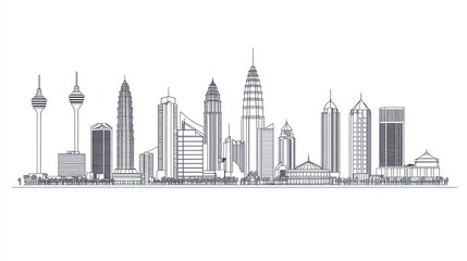 Naklejka premium Skyline sketch of city buildings and structures, thin-lined black & white style