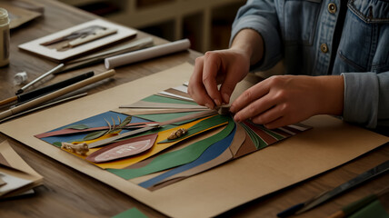 Artists hands creating a paper collage artwork with various materials on a wooden table