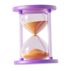 purple hourglass with sand 3d render icon in cartoon plastic style minimal isolated on transparent white background, clipping path