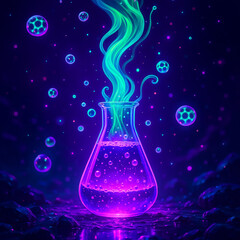 AI generated fantasy sci-fi experiment scene with glowing purple potion in flask and neon energy swirl over abstract rock surface