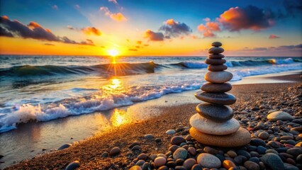 Obraz premium Tranquil zen stone stacks scattered on pebble beach at sunrise, with ocean waves gently lapping at the shore, calm atmosphere, natural beauty