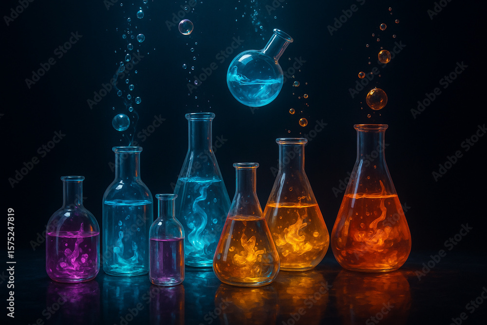 Poster ai generated glowing flasks with colorful liquids floating in midair surrounded by bubbles and light