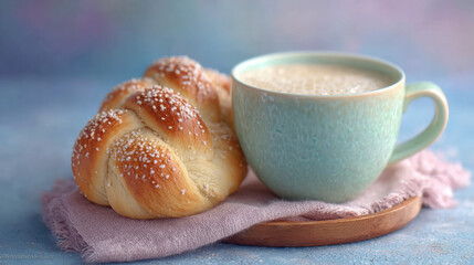 Coffee and challah bread lifestyle image for food and drink enthusiasts.