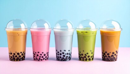 A lineup of colorful bubble tea drinks (matcha, taro, strawberry, brown sugar) on a pastel background