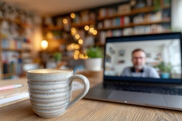 Close-up of a laptop screen showing a virtual session between a psychologist and a young man in headphones, coffee mug in foreground, cozy home office vibe.