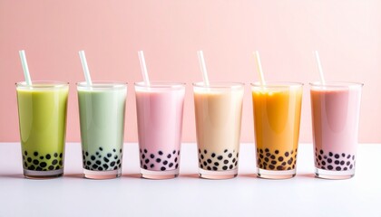 A lineup of colorful bubble tea drinks (matcha, taro, strawberry, brown sugar) on a pastel background
