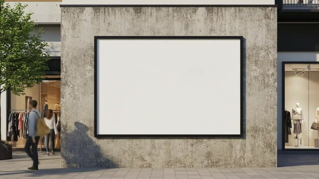 Blank billboard on urban building with pedestrians