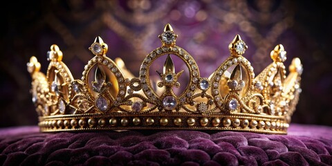 Fototapeta premium Regal crown with intricate gold design and glittering diamonds set on a velvet background , crown, royal