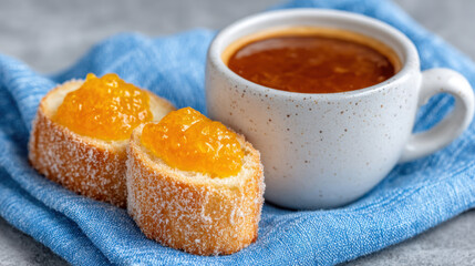 A lifestyle image featuring coffee with toasted bread and marmalade.