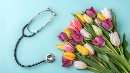 A stethoscope and a vibrant bouquet of tulips on a light blue background