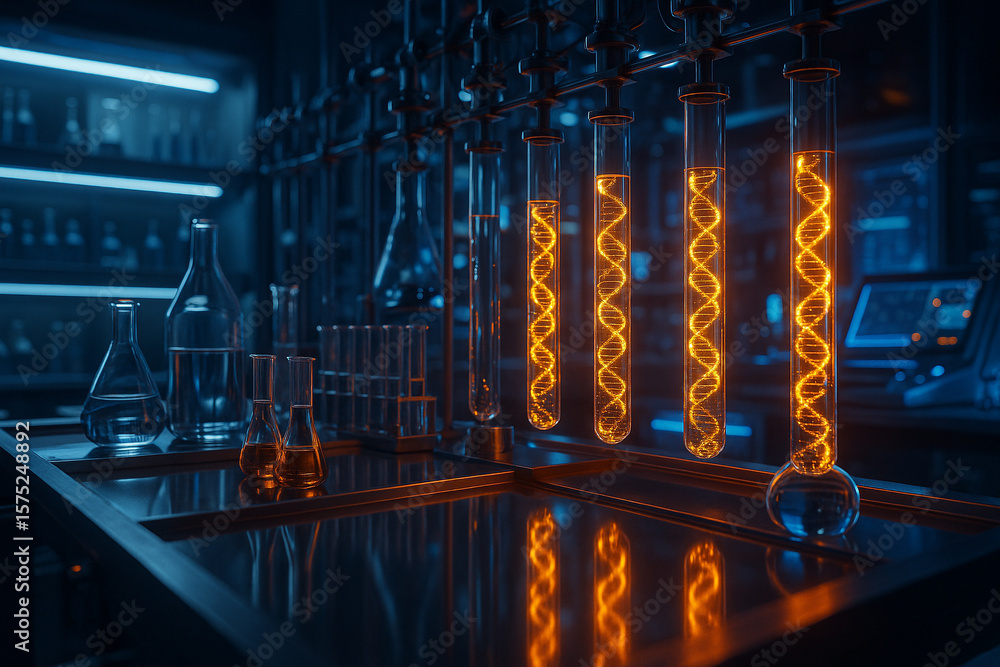 Poster ai generated image of a high tech laboratory featuring glowing orange helix energy streams inside tr