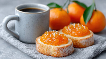 Coffee and toast with marmalade, lifestyle shot, perfect for food-related content.