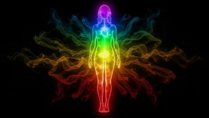 A vibrant rainbow aura surrounds a womans body, symbolizing energy, spirituality, and the balance of chakras