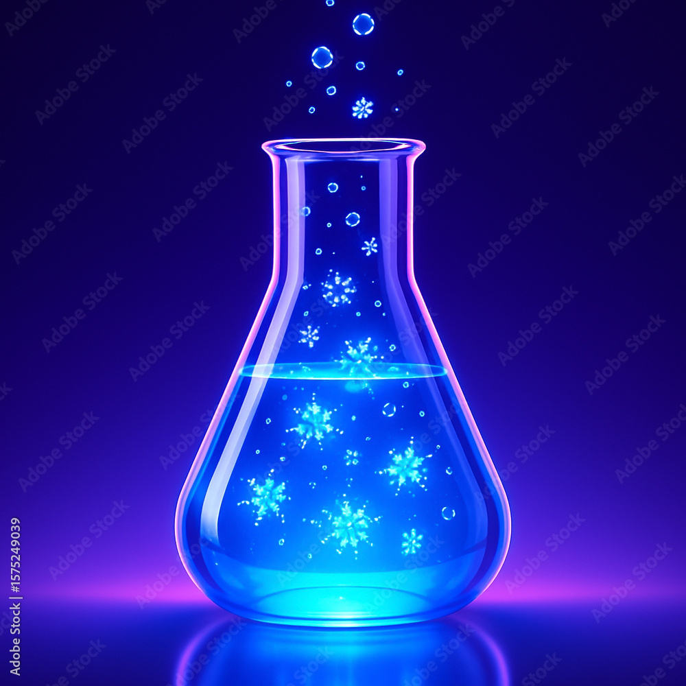 Poster ai generated glowing flask with blue liquid and floating luminous particles on a reflective surface 