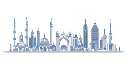 Fototapeta premium Outline drawing of a city skyline with mosques and modern skyscrapers
