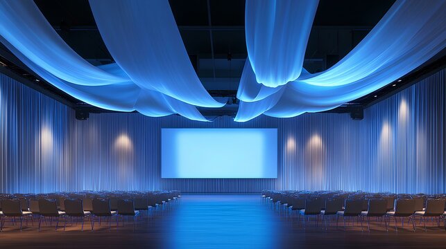 Elegant Assembly: A stunning, empty presentation hall featuring graceful fabric draping and a prominent screen, designed for corporate events and grand presentations. 