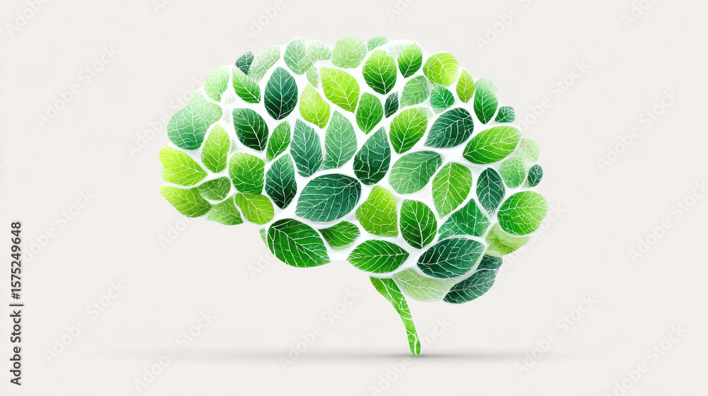 Poster brain composed of leaf patterns, representing nature and creativity.