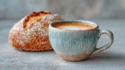 Coffee beside artisan bread in a minimal aesthetic setting.