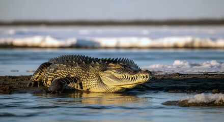 Fototapeta premium Large Green Crocodile Resting on Shore Near Water with Ice