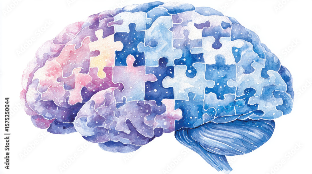 Poster brain illustration with puzzle pieces symbolizing creativity and problem-solving.