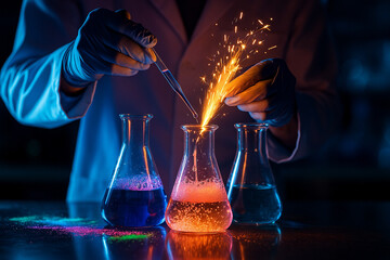 AI generated image showing a scientist triggering a vivid chemical reaction with sparks and glowing liquids under controlled conditions in a modern laboratory