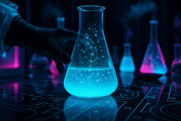 AI generated sci fi lab scene with glowing blue liquid in flask and digital particles representing advanced technology in mysterious atmosphere