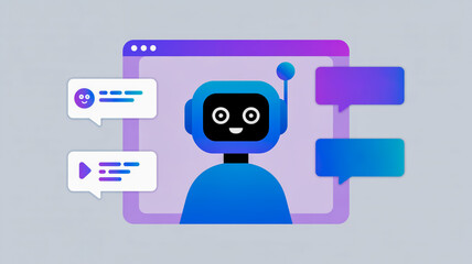 A blue robot chatbot interacting with message bubbles in a modern interface