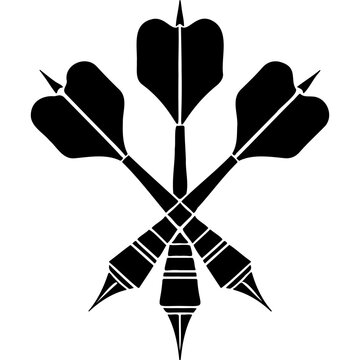 Sketchy emblem of triple set of crossed darts. Engraving minimalistic vector in black ink drawing on transparent background