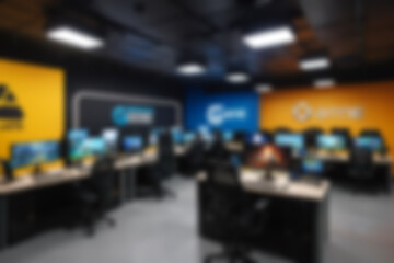 Fototapeta premium A dark gaming studio with sophisticated and modern equipment and a dark theme, many gaming computers lined up neatly in the room, wallpaper.