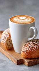 White coffee with seeded bread slices in a 4K HD image.