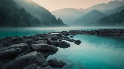 Serene misty landscape with a turquoise lake and rocky shoreline at sunrise