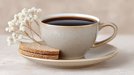 Freshly brewed coffee with rye bread in a minimal setting.