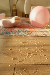 Messy aftermath of a party with pink balloon in living room