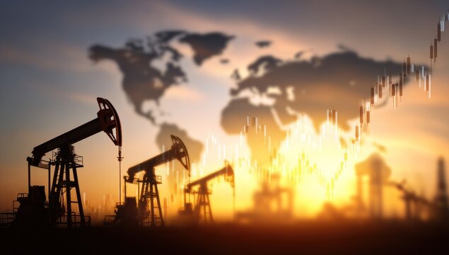 Oil pumps at sunset with global market trends