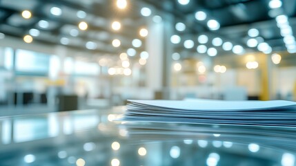 Stack of Documents on Glass Surface: A neat stack of documents rests on a reflective glass surface, with a blurred background suggesting a busy office environment or conference hall.
