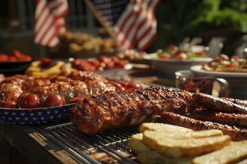 Enjoy a Delicious Barbecue Feast with Grilled Meats and Festive Decorations Outdoors