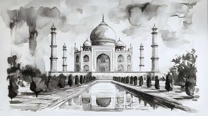 Monochrome ink wash drawing of the taj mahal.
