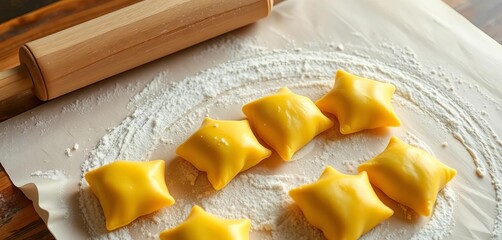 Golden pastry dough pieces on floured parchment, rolling pin nearby,  top view,  overhead