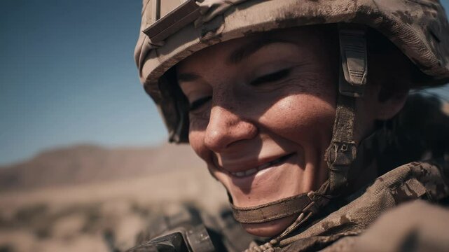 Resilient female soldier's determined gaze in arid landscape, representing courage and strength